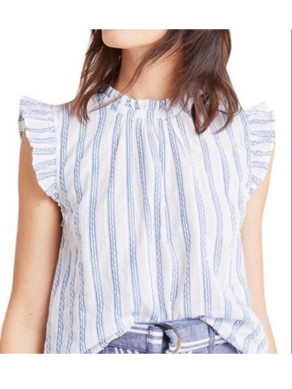 Anthropologie Isabella Sinclair Linen Top Flutter Sleeves Blue White Stripe Tank